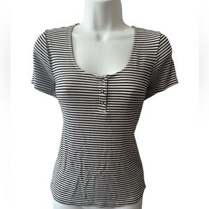 American Eagle Striped Black and White Ribbed Henley Women's Top L